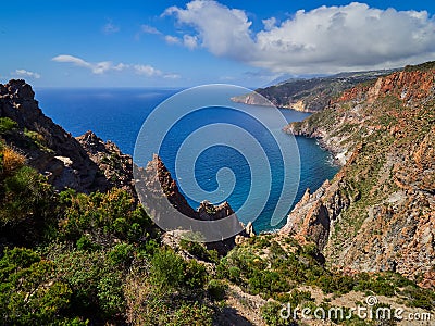 Beautiful mountain and coast scenery on Lipari hiking trails, Aeolian islands, Sicily, Italy Stock Photo