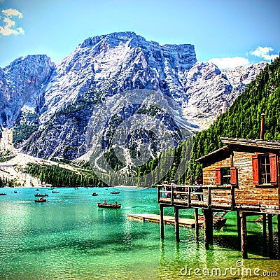 beautiful mountain lake with house Stock Photo