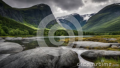 A beautiful mountain lake with a rocky shoreline Stock Photo