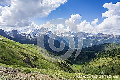 A beautiful mountain landscape of the Dolomites. View from Passo Sella. Italy Stock Photo