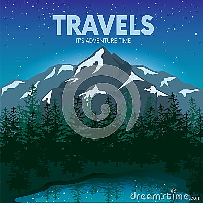 Beautiful mountain landscape with a lake and trees. The night of the mountains. Vector illustration for a card or poster. Tourism, Vector Illustration