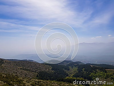 Beautiful mountain landscape, low hills and mountain sillhouette Stock Photo