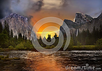 Beautiful Mountain Landscape Sunset, Dramatic Storm Clouds Stock Photo