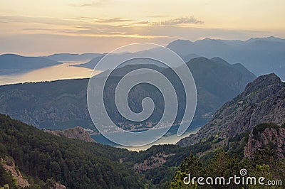 Beautiful mountain landscape at sunset. Montenegro, view of Bay of Kotor Stock Photo