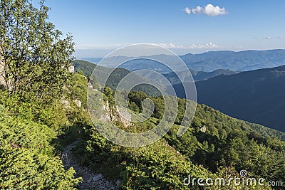 Beautiful mountain view from the entrances on the path to the Kozya Stena hut. Stock Photo