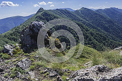 Beautiful mountain view from the entrances on the path to the Kozya Stena hut. The Troyan Balkan is exceptionally picturesque and Stock Photo