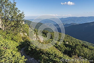 Beautiful mountain view from the entrances on the path to the Kozya Stena hut. The Troyan Balkan is exceptionally picturesque and Stock Photo