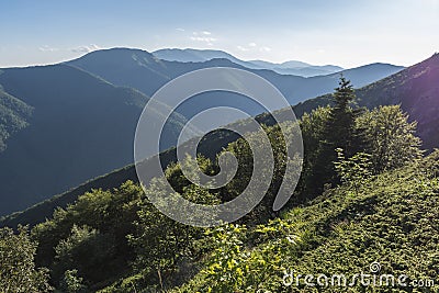 Beautiful mountain view from the entrances on the path to the Kozya Stena hut. The Troyan Balkan is exceptionally picturesque and Stock Photo