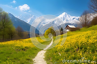 Beautiful mountain village scenery with fresh green meadows Stock Photo