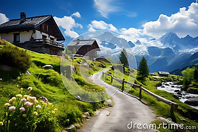 Beautiful mountain village scenery with fresh green meadows Stock Photo