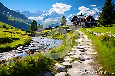 Beautiful mountain village scenery with fresh green meadows Stock Photo