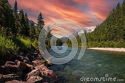 Beautiful mountains and rive landscape at Glacier National Park in Montana, USA Stock Photo