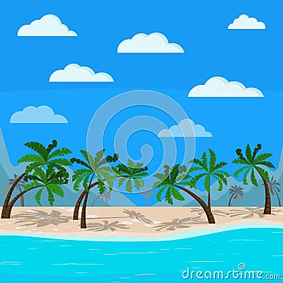 Beautiful mountains and sea landscape: blue ocean, palm trees, clouds, sand coastline Vector Illustration