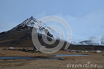 Farms at the Base of Mt Stapafell in Iceland Stock Photo