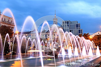 Beautiful multi-colored fountain in the city Dnepr at night (Dnepropetrovsk), Ukraine Editorial Stock Photo