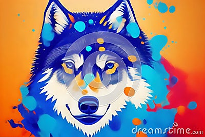 Beautiful multi-colored illustration of the muzzle of a wolf. paint splatter effect. AI-generated Cartoon Illustration