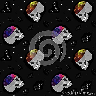 Skull, space, constellations. Seamless pattern. Design for office, fabric, clothing Stock Photo