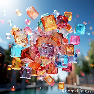 Beautiful multi-colored transparent cubes float in the air Stock Photo