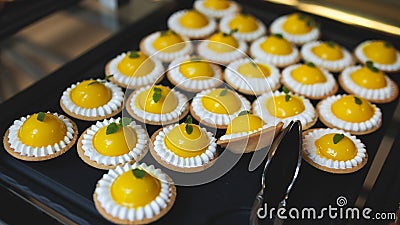 Beautiful multicolored decorated baked sweet tasty candy bar dessert on kids children party with happy people around, catering Stock Photo