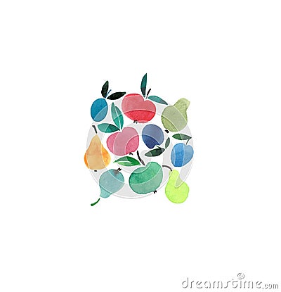 Beautiful multicolored fruit group in the center watercolor hand sketch Stock Photo