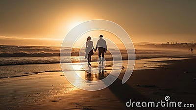 A multiracial couple enjoying a sunset on the beach created with Generative AI Stock Photo