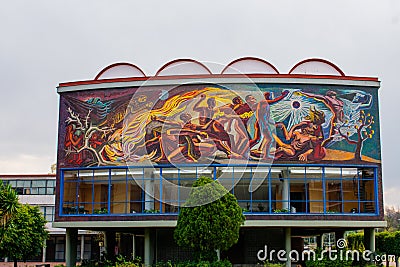 Beautiful mural on building from Mexican college under cloudy sky Editorial Stock Photo