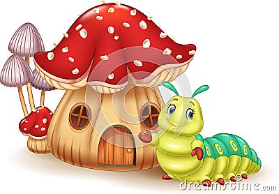 Beautiful mushroom house and cute caterpillar Vector Illustration