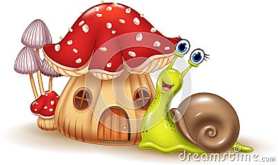 Beautiful mushroom house and happy snail cartoon Vector Illustration