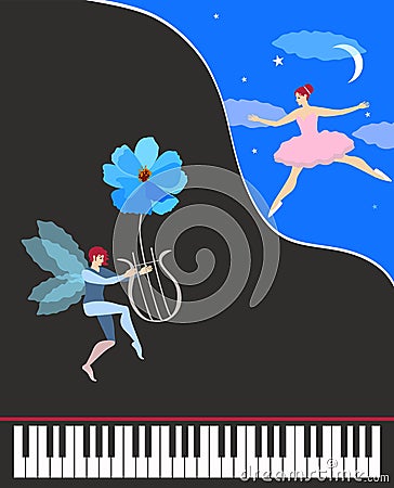 Beautiful music card or poster. Black concert grand piano, cute winged dancing fairy in pink tutu and elf with flower - lyre. Vector Illustration