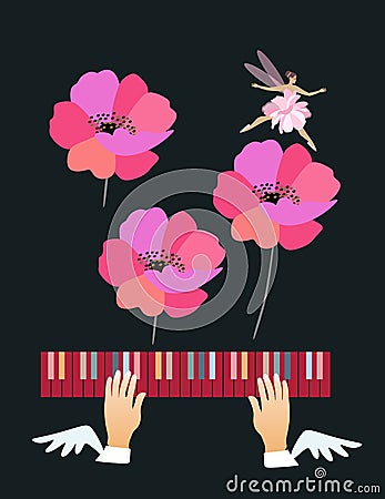 Beautiful musical poster with winged hands fluttering over colorful piano keys, pink poppy flowers and graceful fairy ballerina Vector Illustration