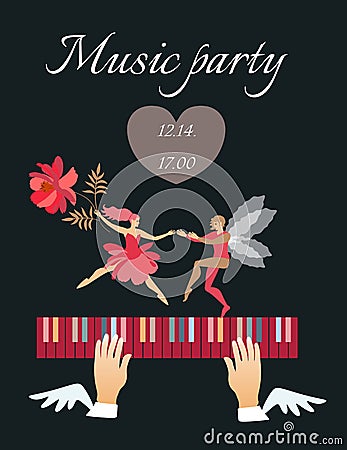 Beautiful musical poster with winged hands fluttering over multicolor piano keys, funny dancing fairy ballerina and elf Vector Illustration