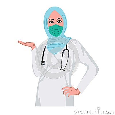 Beautiful Muslim Doctor Nurse Wearing Hijab and Mask Anti Coronavirus Covid 19. Flat Design Vector Illustration Vector Illustration