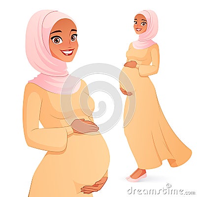 Beautiful Muslim pregnant woman in hijab. Isolated vector illustration. Vector Illustration