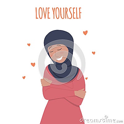 Beautiful Muslim woman hugs herself. Self-love concept. Vector Illustration