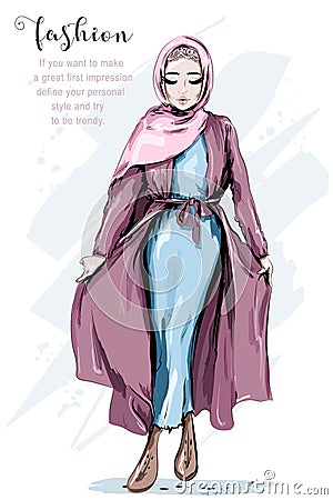 Beautiful Muslim Woman Wearing Hijab. Fashion arabian woman. Stylish lady. Sketch. Vector Illustration