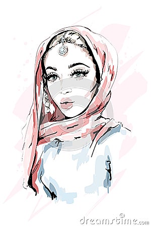 Beautiful Muslim Woman Wearing Hijab. Fashion woman portrait. Stylish lady. Sketch. Vector Illustration