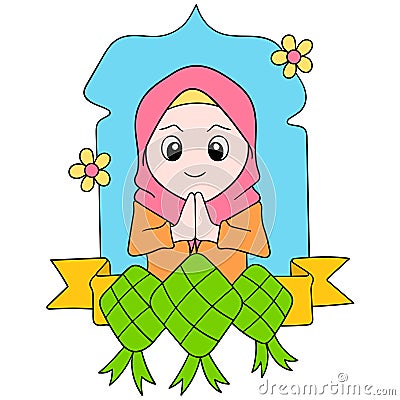 Beautiful Muslim women wearing hijabs welcome the month of Ramadan worship. doodle icon image kawaii Vector Illustration