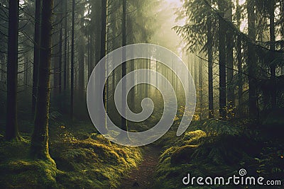 Beautiful mystical forest and sunbeam - Fantasy Wood Stock Photo