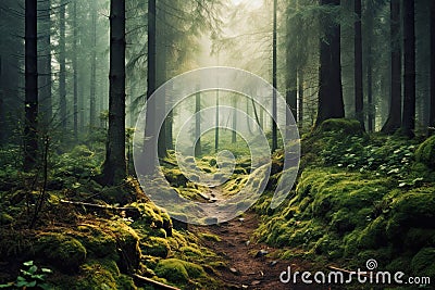 Beautiful mystical forest and sunbeam - Fantasy Wood Stock Photo