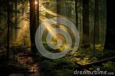 Beautiful mystical forest and sunbeam - Fantasy Wood Stock Photo