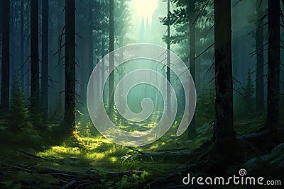 Beautiful mystical forest and sunbeam - Fantasy Wood Stock Photo