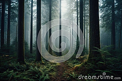 Beautiful mystical forest and sunbeam - Fantasy Wood Stock Photo