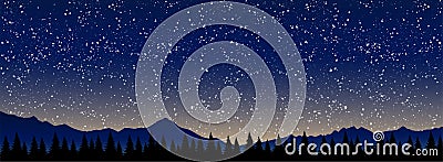 Beautiful mystical night landscape with a starry blue sky in the forest, summer dawn. Banner for tourism, travel Vector Illustration
