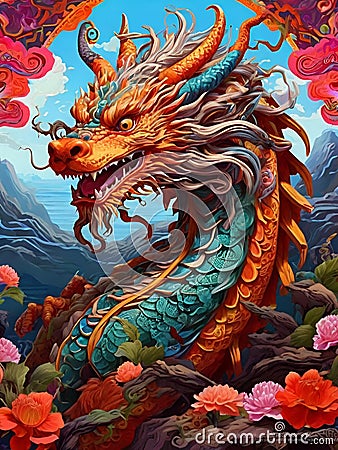 A beautiful mythical green dragon, chinese zodiac, with flowers arounds, in bold painting, psychedelic graohic design, animal art Stock Photo