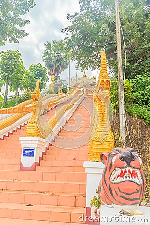 Beautiful nagas staircase upward to the temple at Wat Phra That Chom Sak, thai public Buddhist temple. Located in Mueang, Chiang Stock Photo