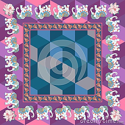 Beautiful napkin, carpet or mat for yoga with paisley frame and cute cartoon indian elephants Stock Photo