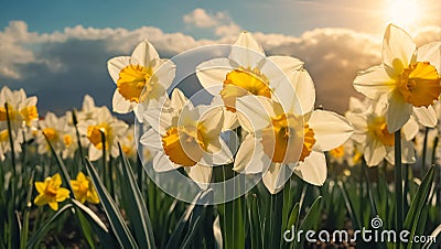 Beautiful narcissus flowers in environment field Stock Photo