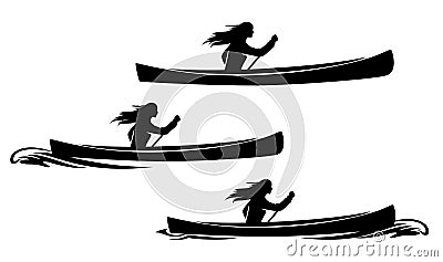 Native american woman rowing in canoe boat vector silhouette Vector Illustration