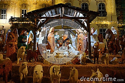 Beautiful nativity scene with baby Jesus. Traditional Christmas background of Christian holidays Stock Photo