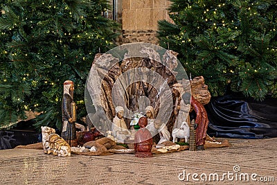 Beautiful nativity scene at Christmas at Tabgha or The Church of the Multiplication of the Loaves and Fishes Stock Photo